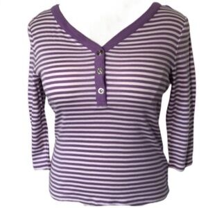 Chaps Knit Stripes Cotton Top Henley V-neck Purple Lavender White Crop Sleeves